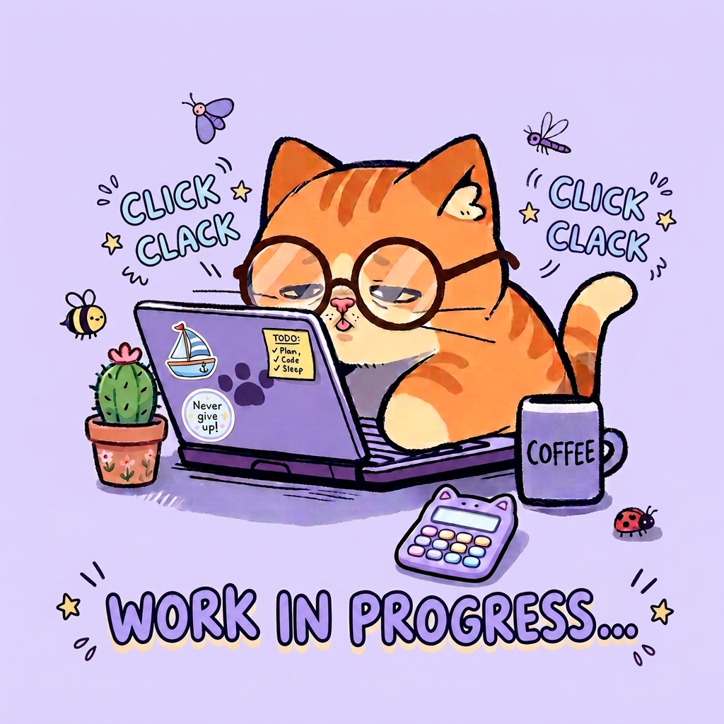 A cozy illustrated cat working at a laptop, with the message Work in progress.